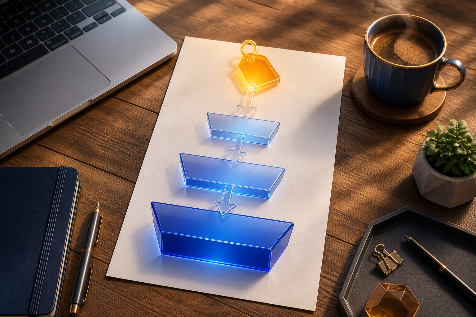 How to design a low-ticket front-end offer for affiliate funnels — A wide-angle flat lay of a simple sales funnel sketched on paper, with a small price tag icon at the top representing...