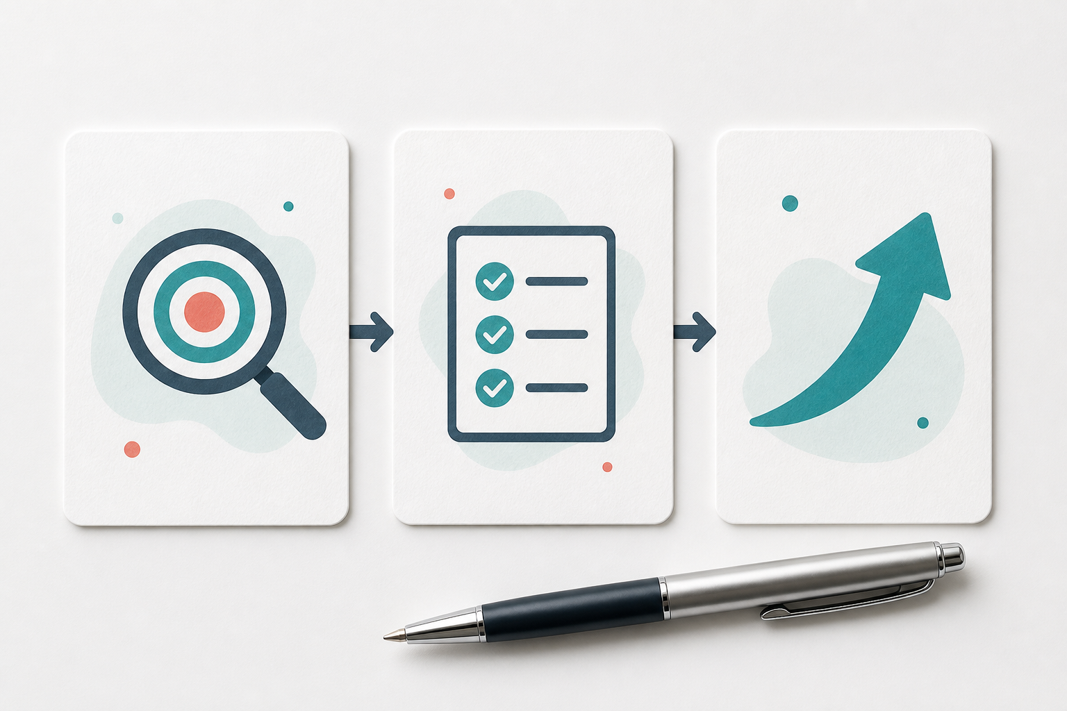 How to design a low-ticket front-end offer for affiliate funnels — A close-up overhead shot of a simple three-step process diagram laid out as physical cards on a clean white surface —...