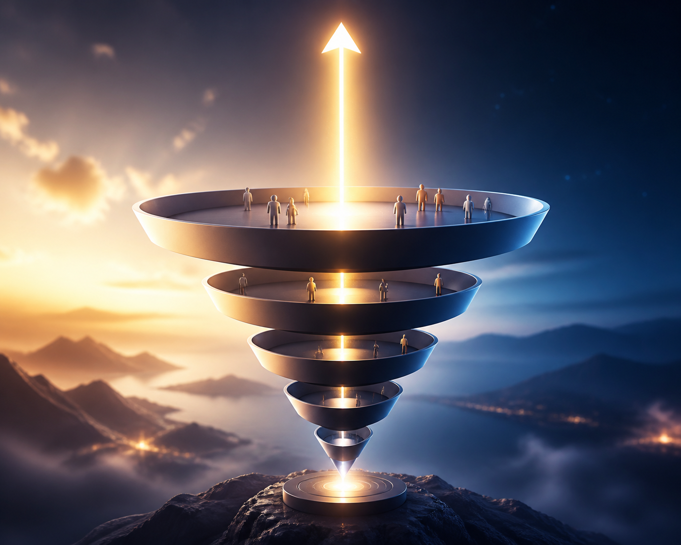 How to design a low-ticket front-end offer for affiliate funnels — A wide aspirational scene showing a clean, minimal funnel diagram rendered as a physical structure — like a series of...