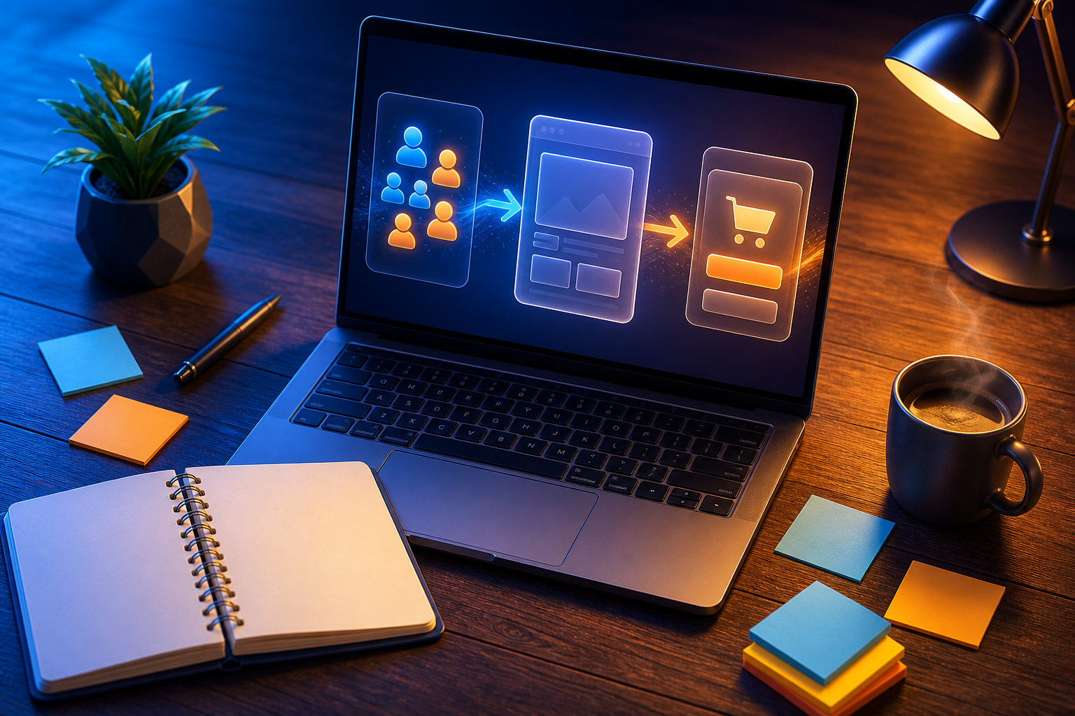 Affiliate marketing FAQ for beginners 2026 — A wide-angle overhead shot of a wooden desk with a open spiral notebook, a laptop showing a simple funnel diagram wit...