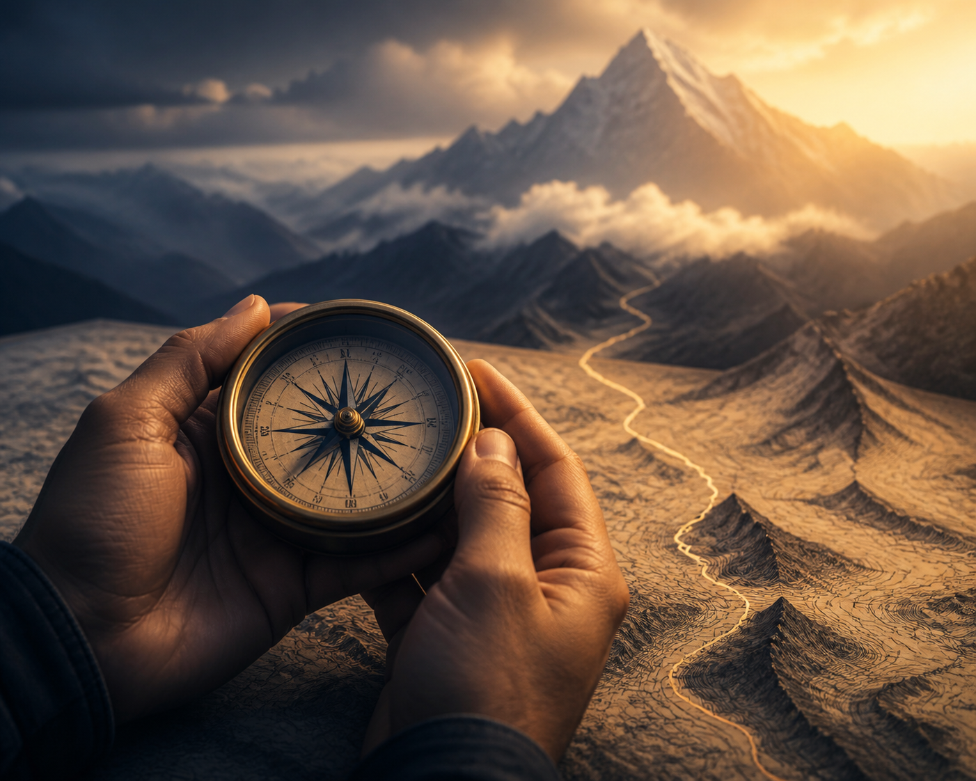 Affiliate marketing FAQ for beginners 2026 — A close-up shot of two hands holding a single compass over a topographic map, with a simple winding trail marked in t...