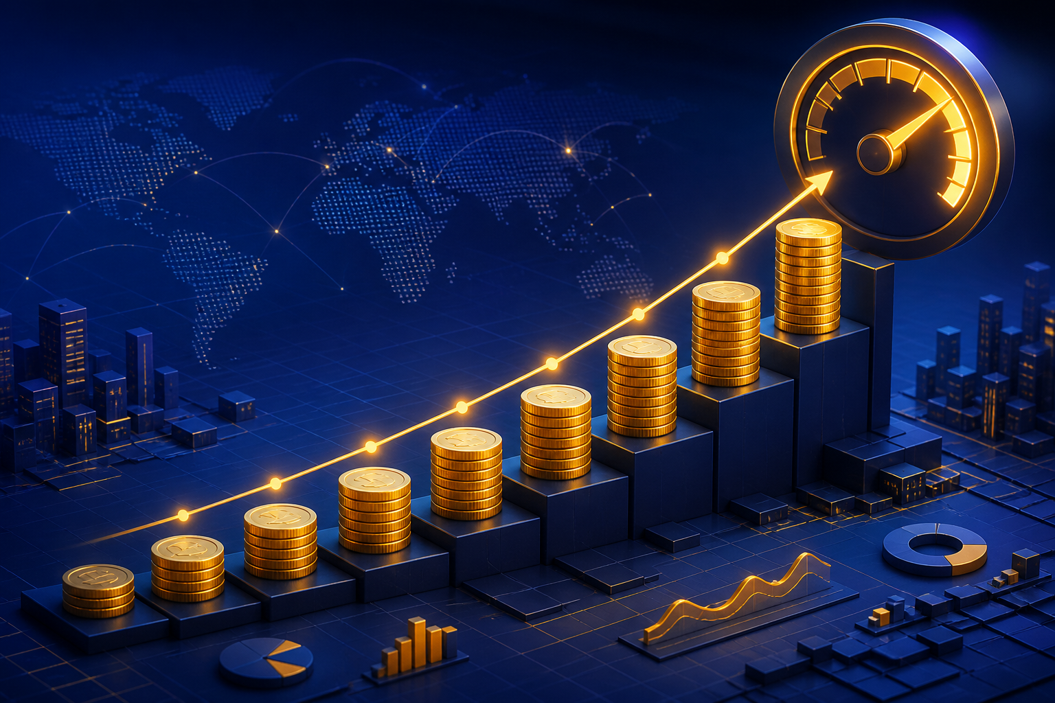 Recurring commission affiliate programs worth promoting in 2026 — A wide-angle conceptual illustration showing a staircase made of stacked coins ascending from left to right, with eac...