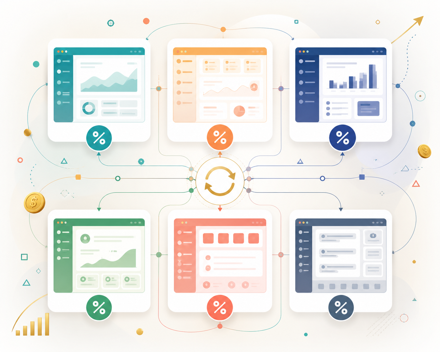 Recurring commission affiliate programs worth promoting in 2026 — A side-by-side comparison grid showing six distinct software product interface silhouettes arranged in two rows of th...