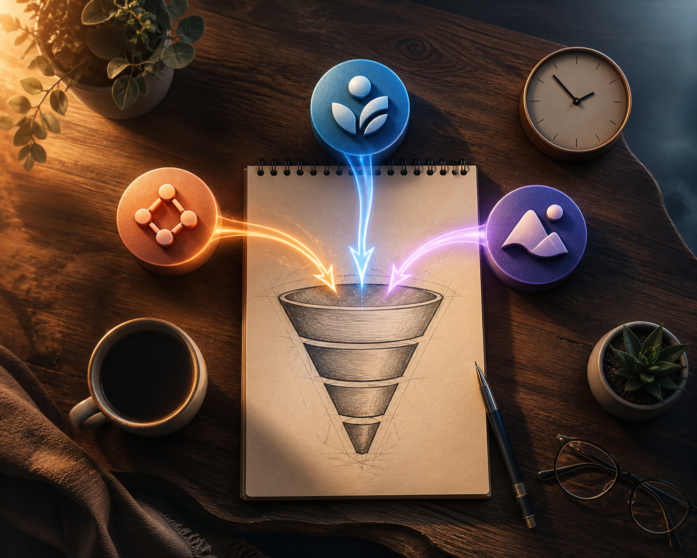 Recurring commission affiliate programs worth promoting in 2026 — A wide overhead shot of a clean wooden desk with a physical funnel diagram sketched on a large notepad at center. Aro...
