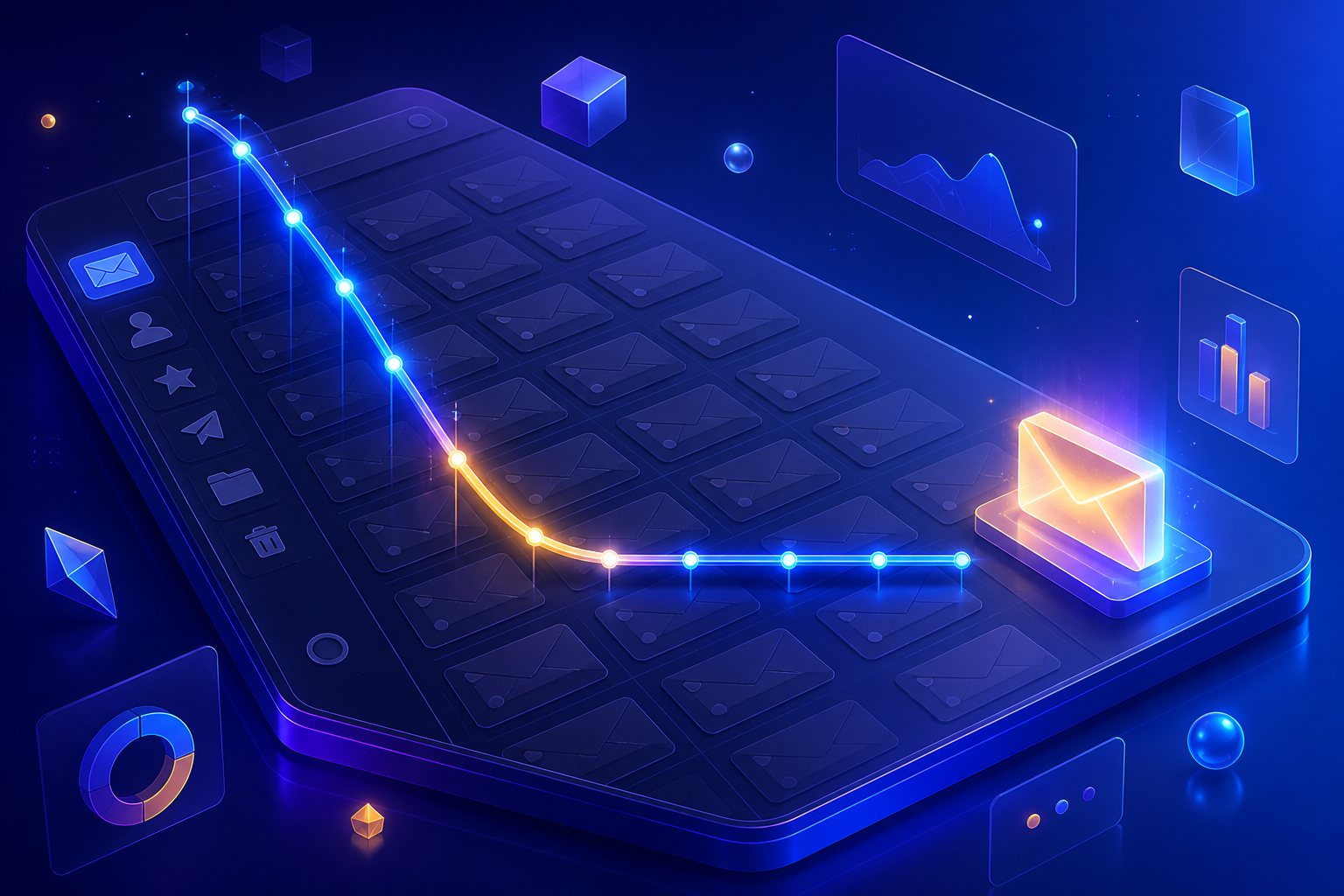 Backend email monetization strategies for affiliate lists — A wide-angle visual of a barren email inbox interface with a downward-trending graph overlaid, showing a steep declin...
