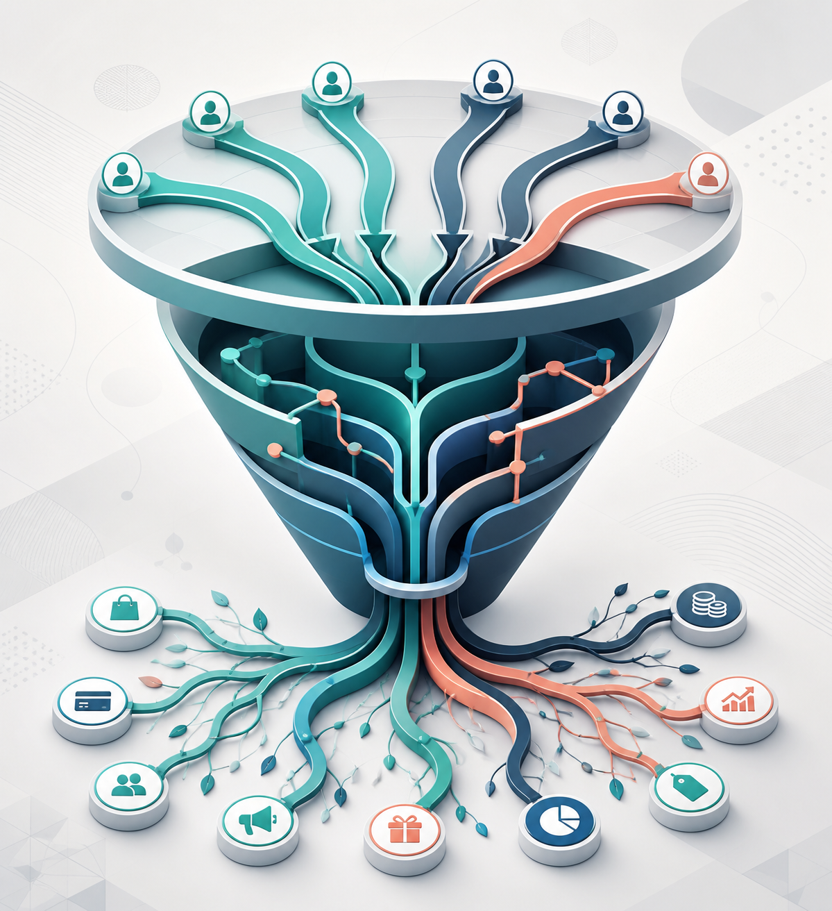 Backend email monetization strategies for affiliate lists — A layered funnel diagram shown from a bird's-eye perspective, rendered as a three-dimensional cross-section. The top ...
