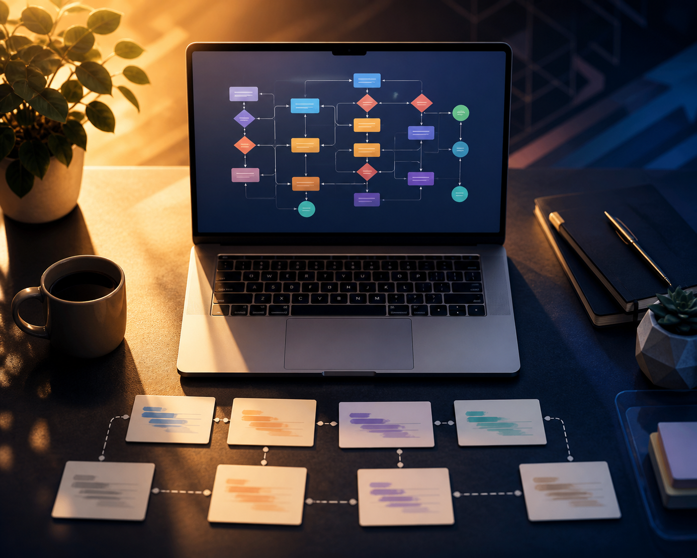 Backend email monetization strategies for affiliate lists — A close-up overhead shot of a clean desk workspace with a single open laptop displaying a multi-column email automati...