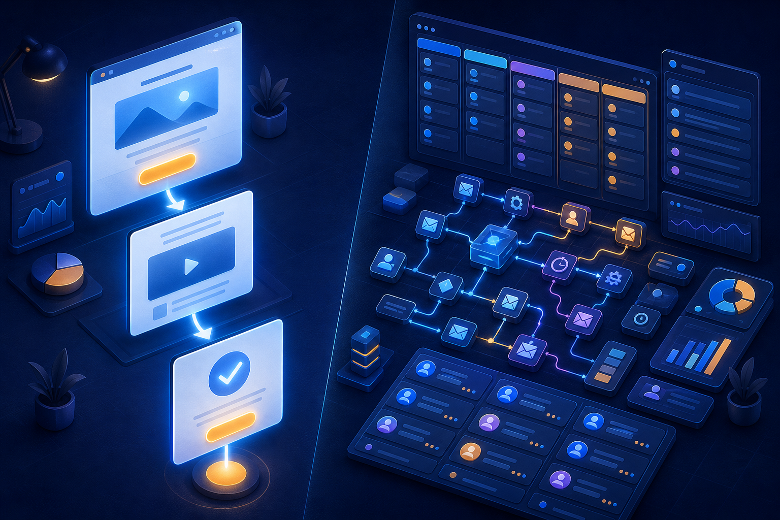 ClickFunnels vs GoHighLevel for affiliate marketers running paid traffic — A dramatic split-screen composition showing two distinct digital workspaces — on the left, a sleek single-page funnel...