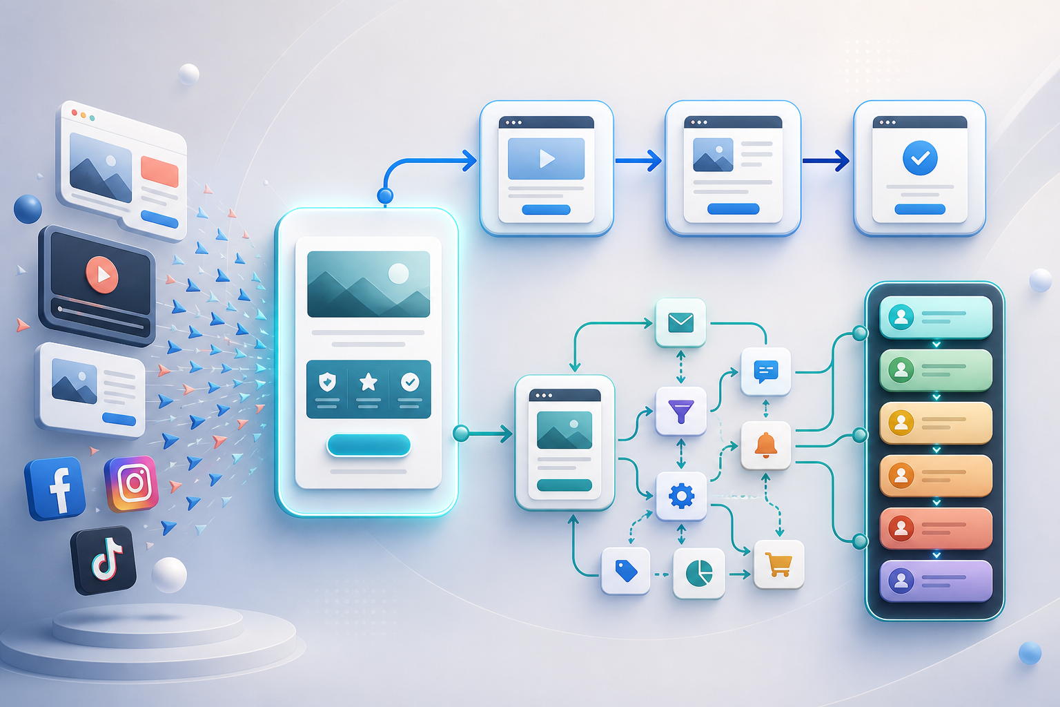 ClickFunnels vs GoHighLevel for affiliate marketers running paid traffic — A mid-article process diagram showing a complete affiliate paid traffic funnel architecture — a cold traffic source i...