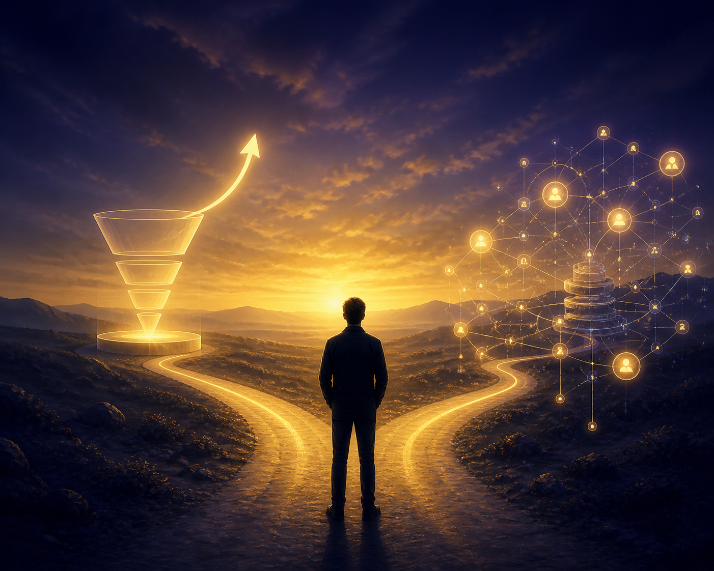 ClickFunnels vs GoHighLevel for affiliate marketers running paid traffic — A forward-looking summary visual showing a single affiliate marketer figure (silhouetted, viewed from behind) standin...