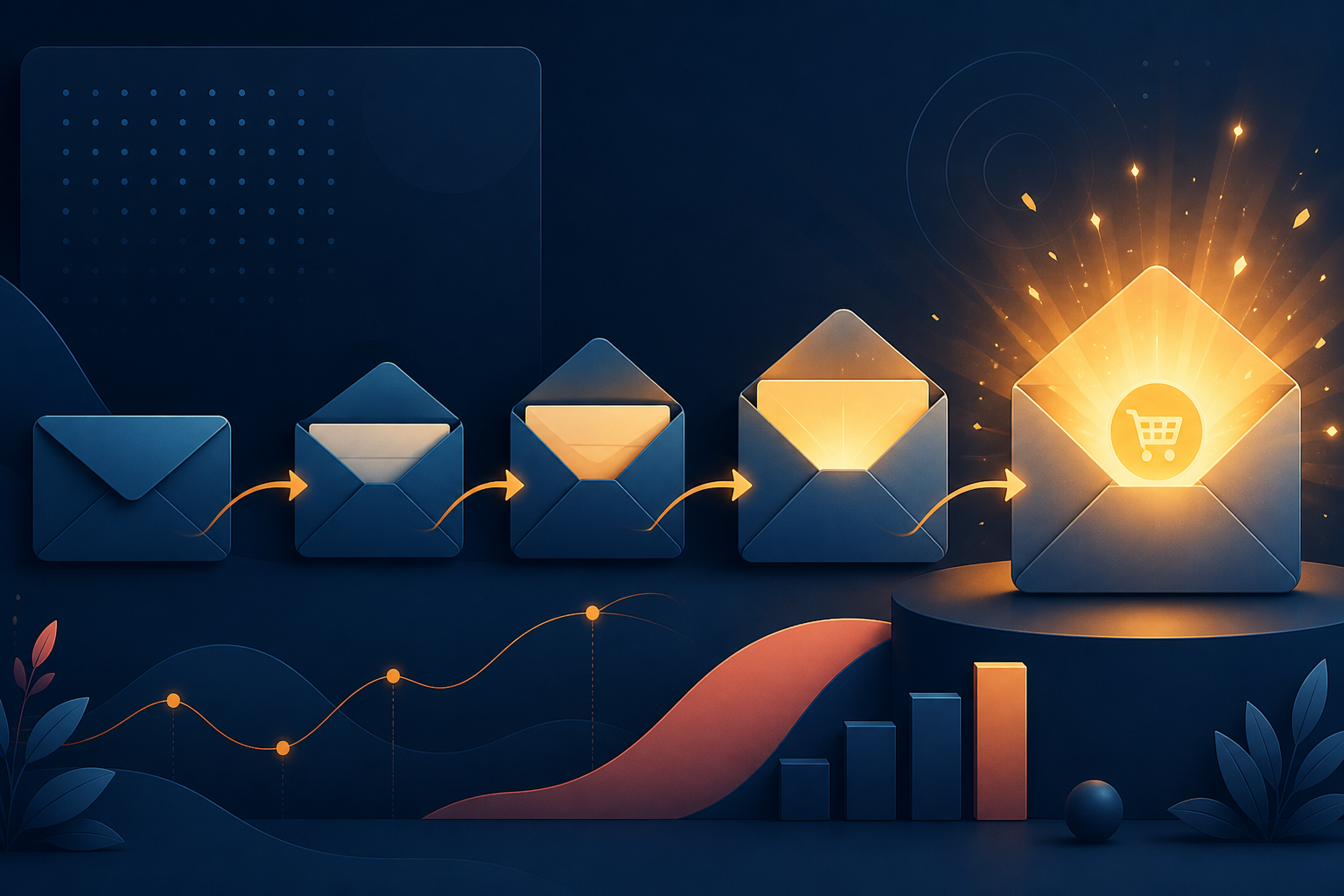 best email automation sequences for affiliate offer promotions — A horizontal flowchart depicted as a series of connected envelope icons flowing left to right, each envelope progress...