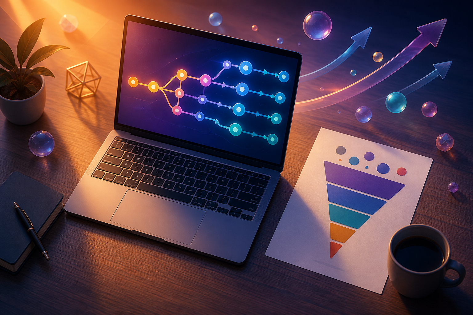 best email automation sequences for affiliate offer promotions — A wide-angle overhead shot of a clean wooden desk workspace showing a laptop with a glowing screen, a printed funnel ...