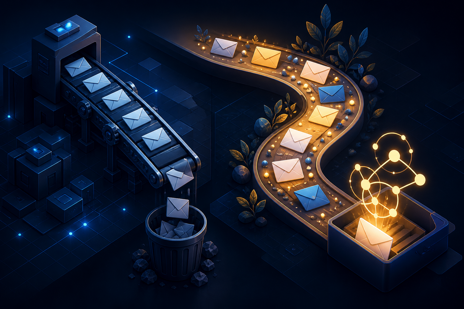 email welcome sequence automation for digital product affiliate offers — A wide-shot conceptual illustration showing two diverging email funnel paths: on the left, a cold, mechanical conveyo...