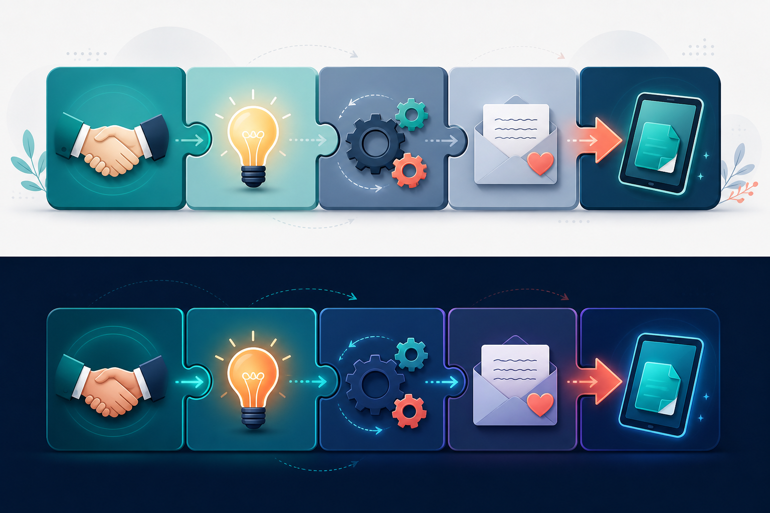 email welcome sequence automation for digital product affiliate offers — A mid-article process diagram showing a horizontal five-step email sequence flow, depicted as interconnected puzzle p...