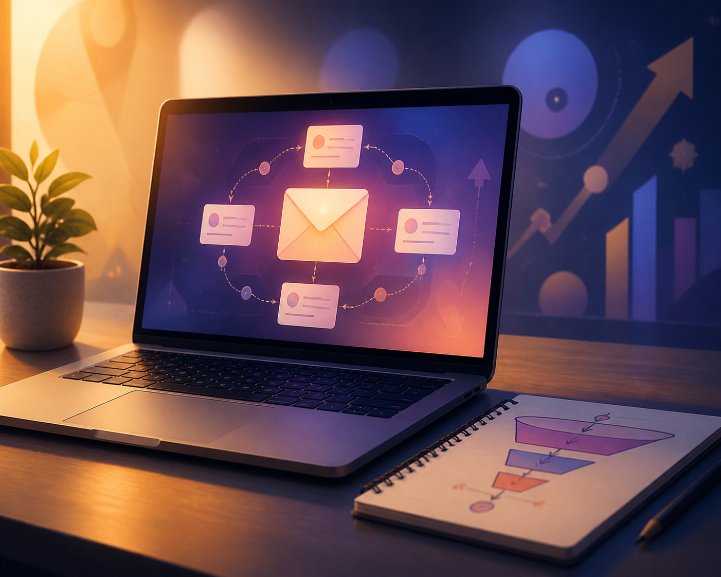 email welcome sequence automation for digital product affiliate offers — A close-up, aspirational visual of a single clean desk setup showing an open laptop with a glowing email interface on...