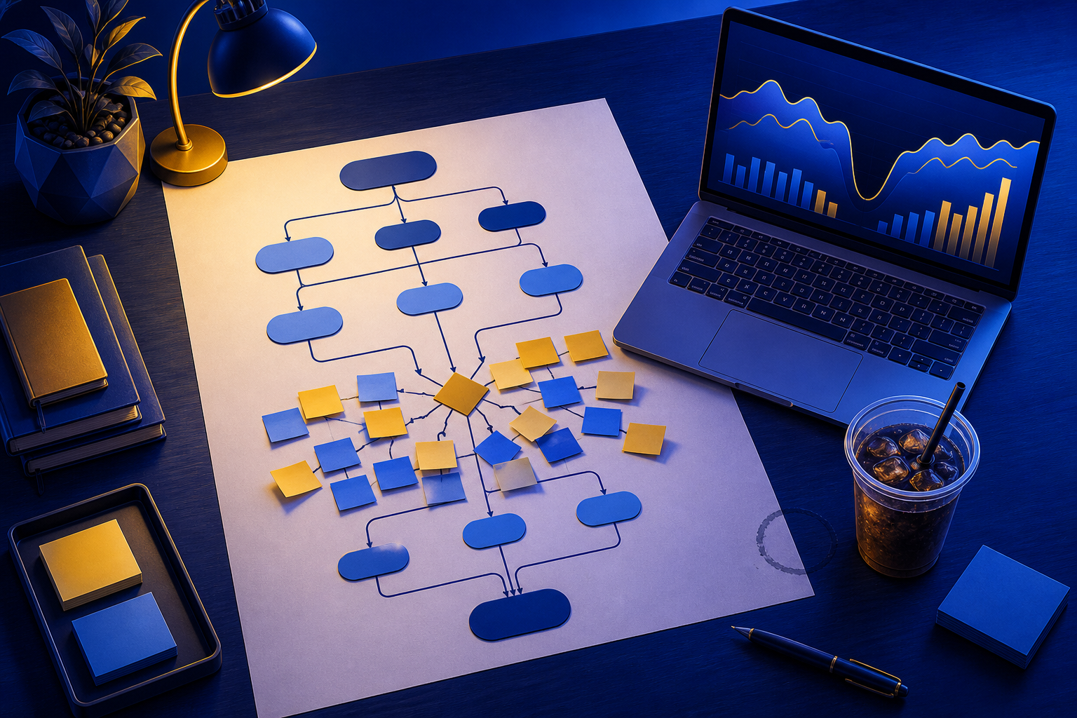 email sequence that recovered abandoned funnel leads using behavioral segmentation — A wide-angle overhead view of a physical desk with a printed email funnel flowchart spread out, several sticky notes ...