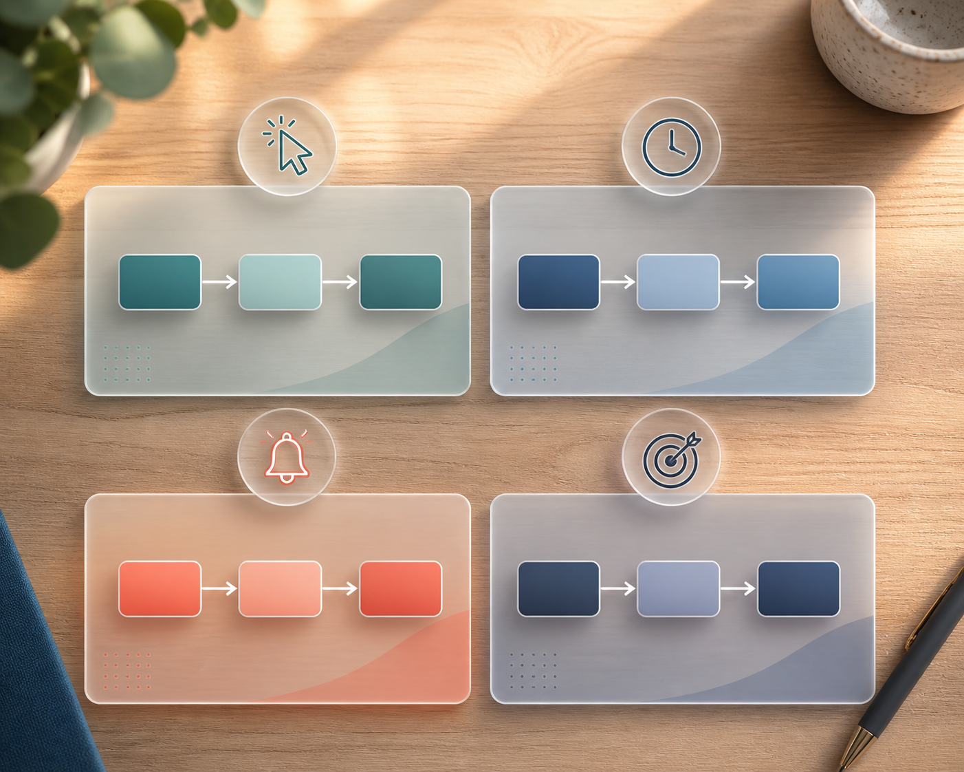 email sequence that recovered abandoned funnel leads using behavioral segmentation — A close-up overhead view of four color-coded index cards arranged in a 2x2 grid on a wooden table, each card containi...