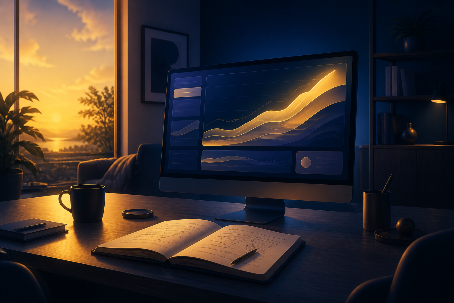 email sequence that recovered abandoned funnel leads using behavioral segmentation — A wide establishing shot of a calm, organized home office workspace at dusk — a single monitor glowing with a clean e...