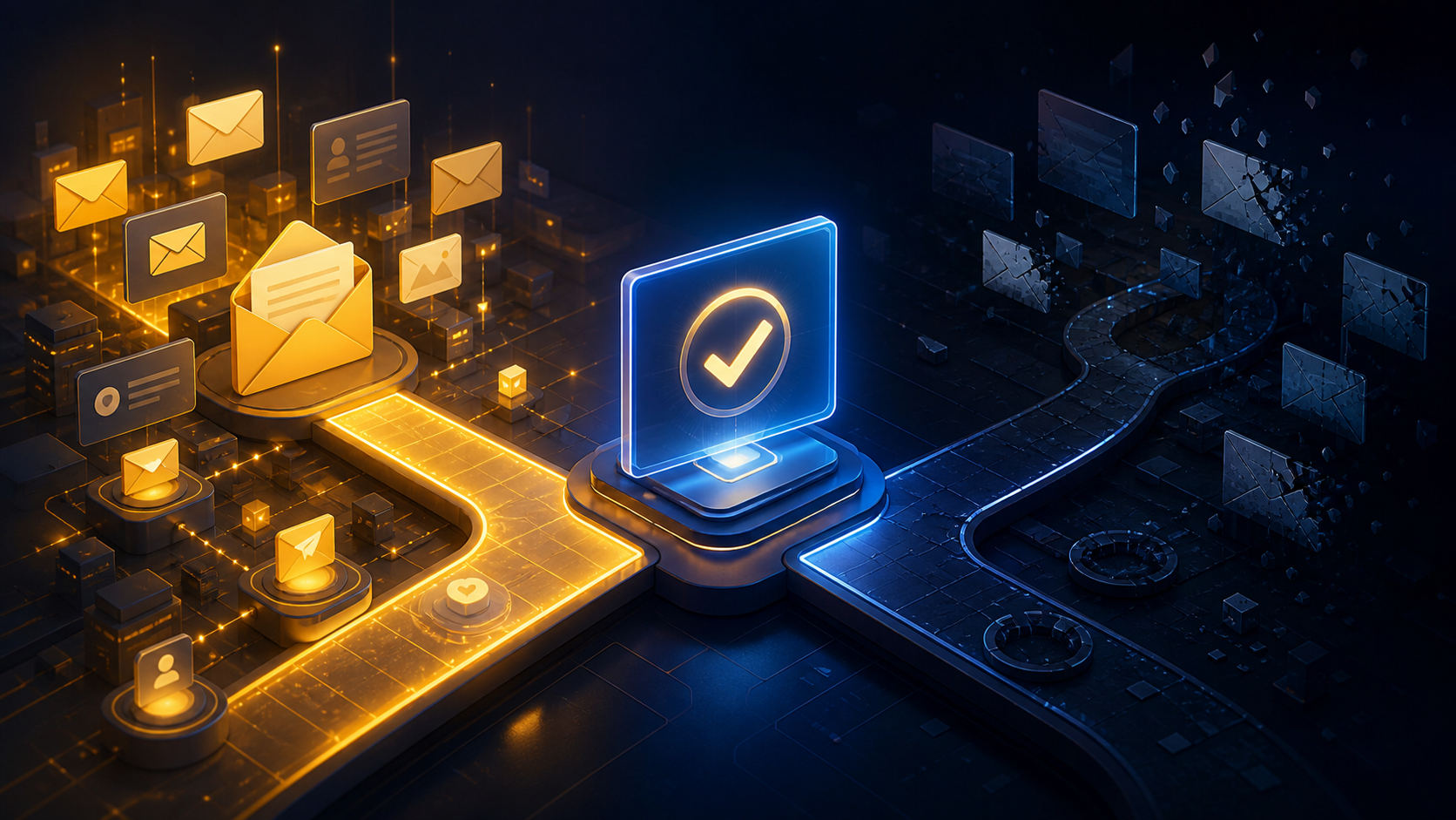 how to structure an email follow-up sequence for low-ticket digital product buyers — A wide-angle editorial scene showing two diverging paths from a single purchase confirmation screen—one path leads to...
