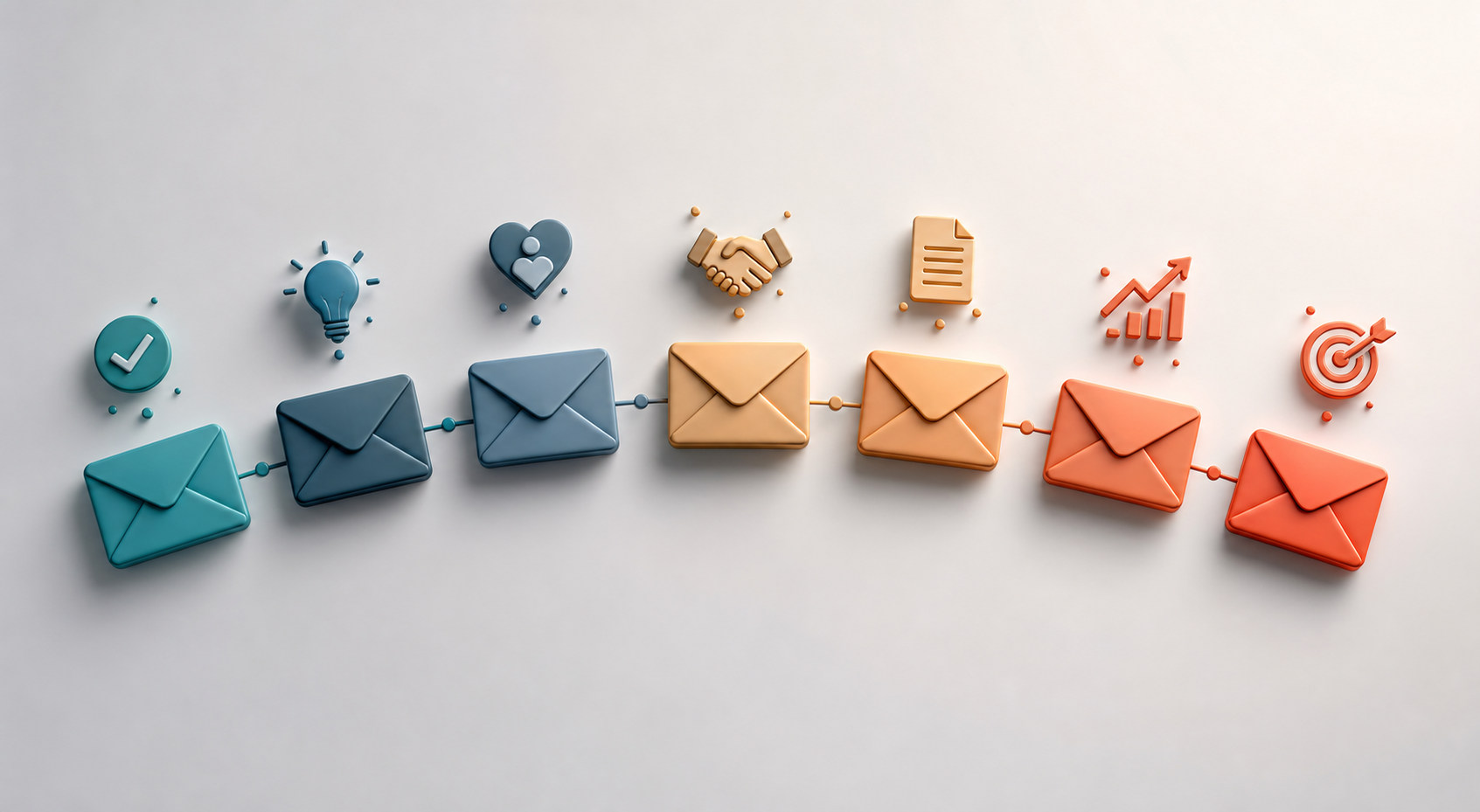 how to structure an email follow-up sequence for low-ticket digital product buyers — A top-down flat-lay process diagram showing seven distinct envelope icons arranged in a gentle arc, each connected by...