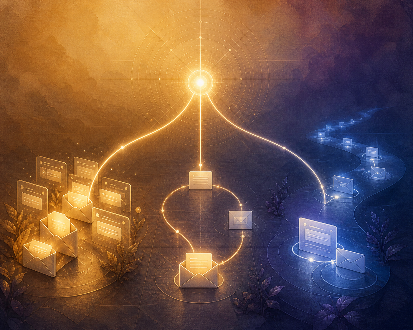how to structure an email follow-up sequence for low-ticket digital product buyers — A close-up illustration of a branching decision tree rendered in warm editorial tones—three distinct pathway branches...