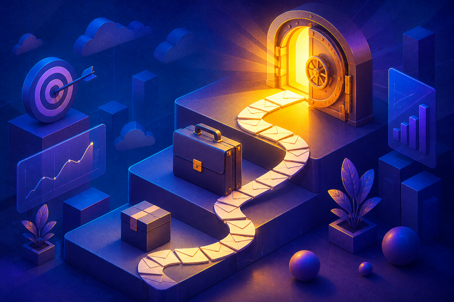 high-ticket affiliate offer stacking for email sequences — A wide-angle conceptual illustration showing a staircase structure made of three ascending platforms, each platform r...