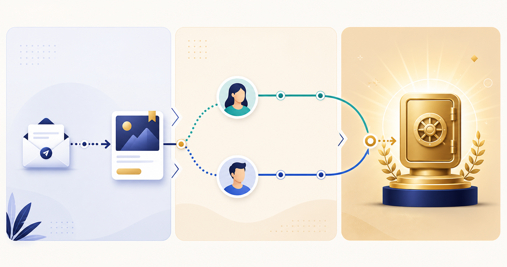 high-ticket affiliate offer stacking for email sequences — A process flow diagram rendered as a horizontal timeline with three distinct phases. The first phase shows a small en...