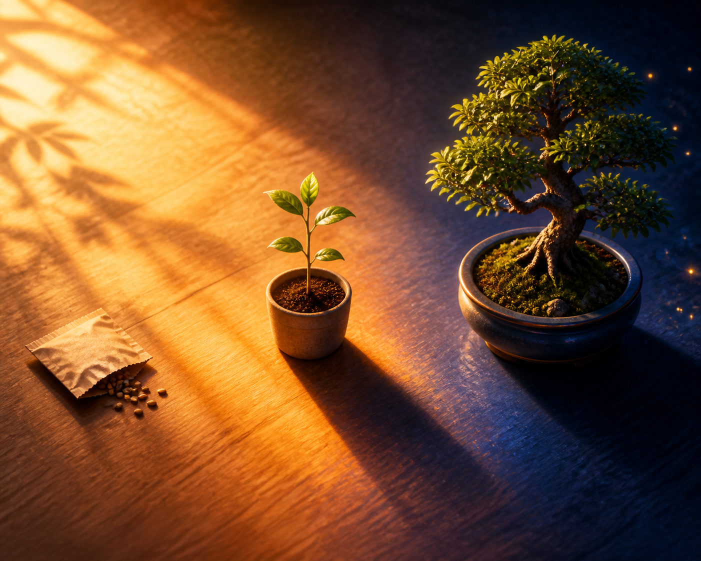 high-ticket affiliate offer stacking for email sequences — A close-up, bird's-eye-view scene of a wooden desk with three distinct physical items arranged in a triangular layout...