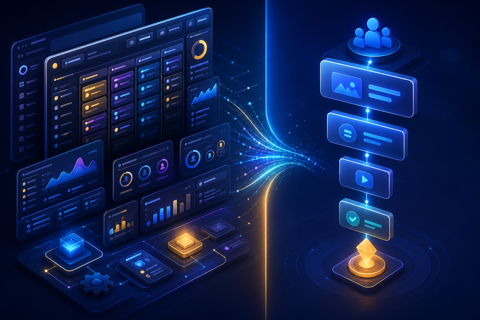 GoHighLevel vs ClickFunnels for affiliate funnel automation in 2026 — A split-screen visual showing two distinct funnel dashboard interfaces side by side—on the left, a complex multi-pane...