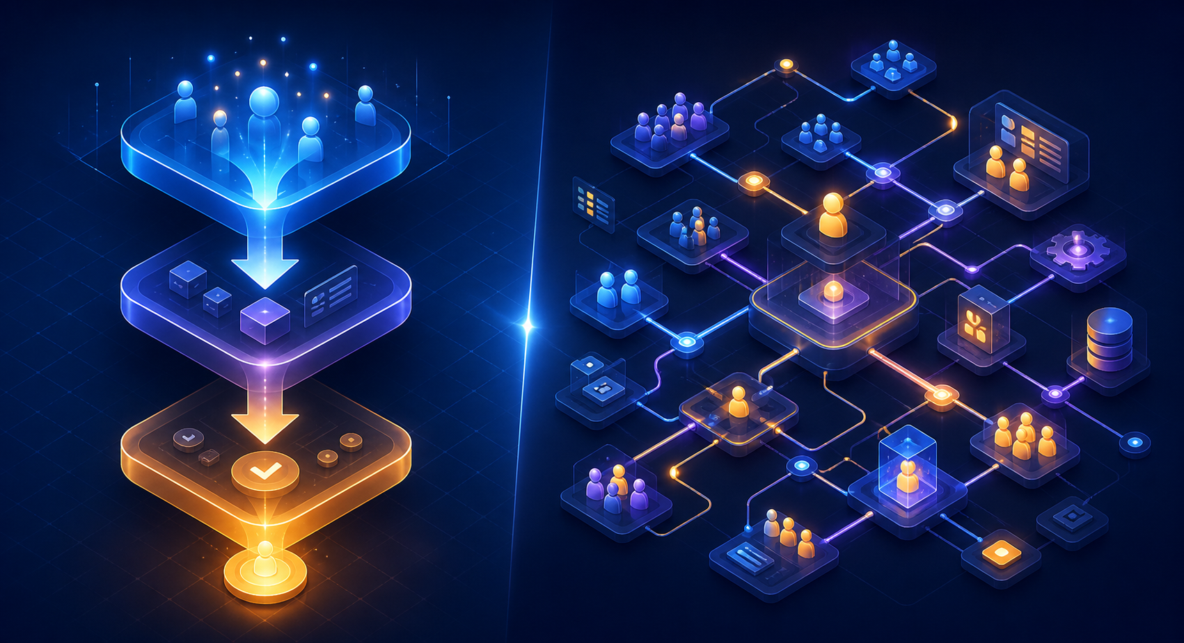 GoHighLevel vs ClickFunnels for affiliate funnel building — A dramatic split-screen visual showing two distinct funnel architectures side by side — on the left, a sleek, linear ...