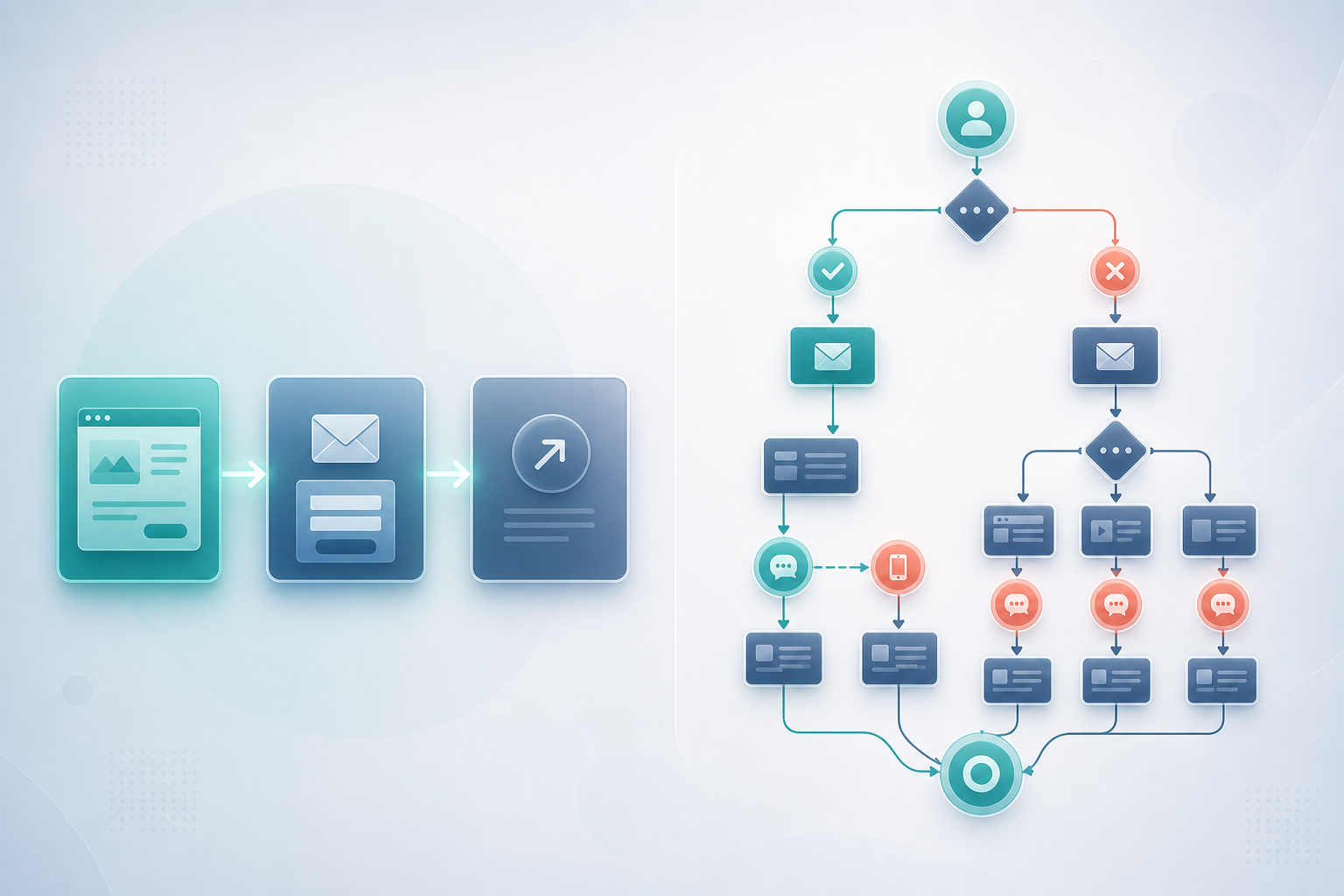 GoHighLevel vs ClickFunnels for affiliate funnel building — A mid-article process diagram showing two parallel workflow paths — the left path depicts a clean three-stage affilia...