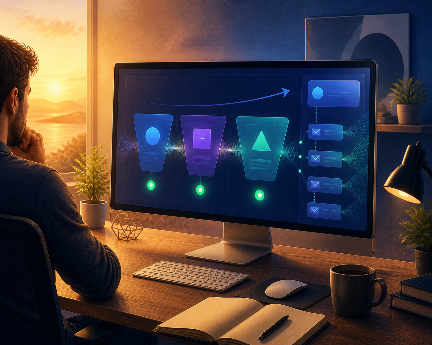 GoHighLevel vs ClickFunnels for affiliate funnel building — A forward-looking aspirational visual showing a clean, well-organized affiliate funnel dashboard on a widescreen moni...