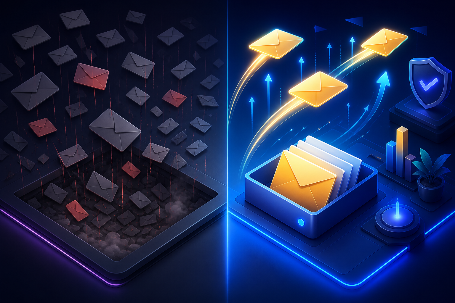 best email autoresponders for affiliate marketers with high deliverability — A split-composition visual showing two email inbox views side by side—on the left, a cluttered inbox with emails visu...