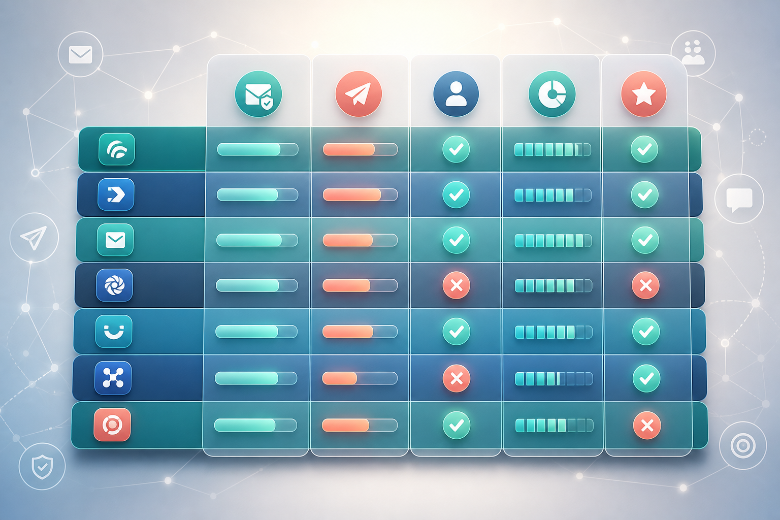 best email autoresponders for affiliate marketers with high deliverability — A horizontal comparison matrix laid out as a clean grid of seven rows and five columns—each row representing a differ...