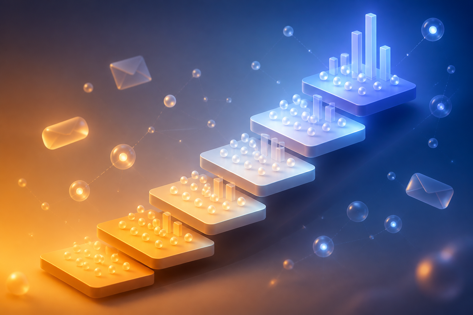 best email autoresponders for affiliate marketers with high deliverability — A wide-angle overhead composition showing a tiered staircase structure made of glowing platform cards ascending from ...