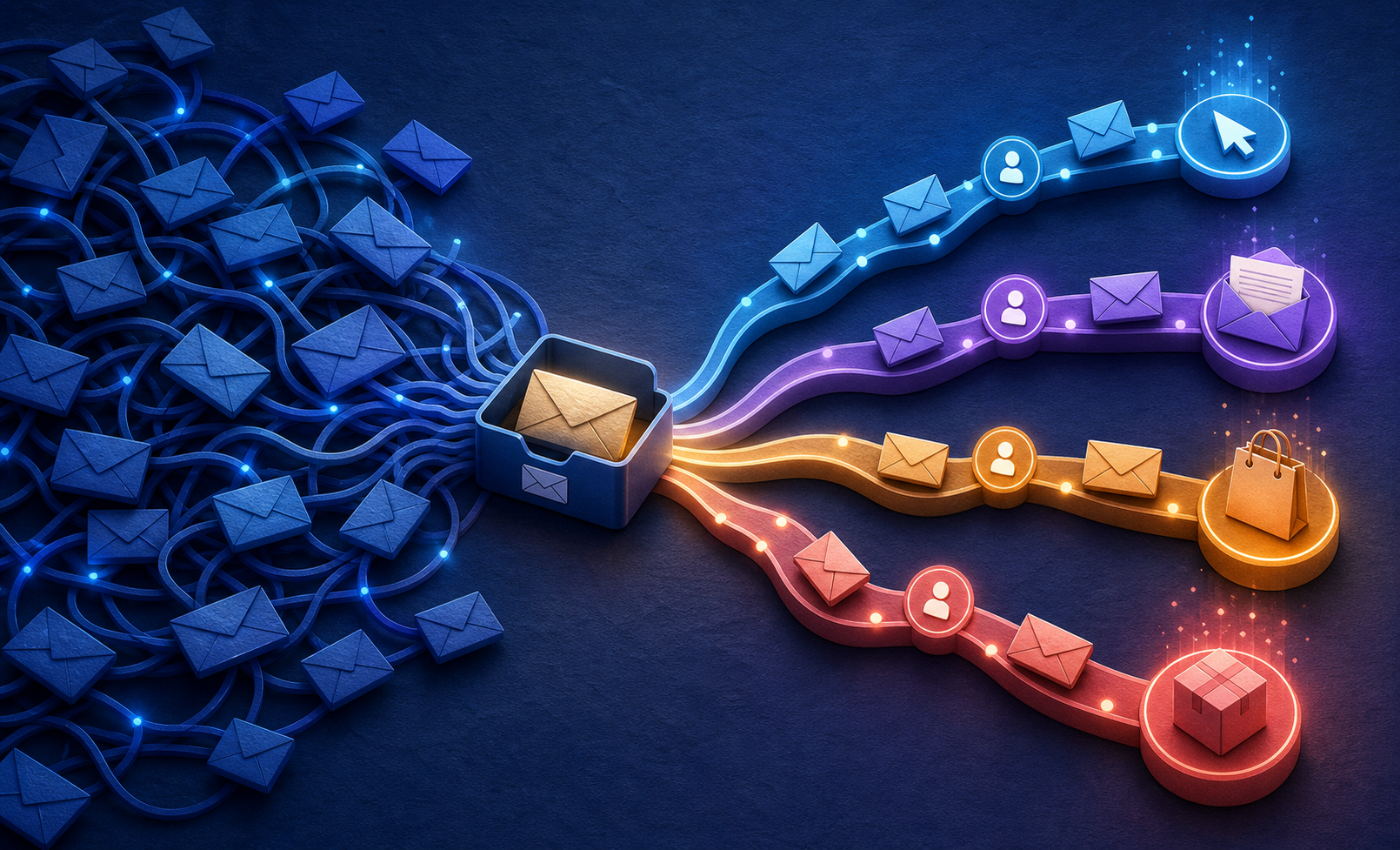 email sequence automation for affiliate product launches using behavioral triggers — A wide-angle overhead shot of a tangled web of identical envelopes all flowing into a single inbox on the left side, ...