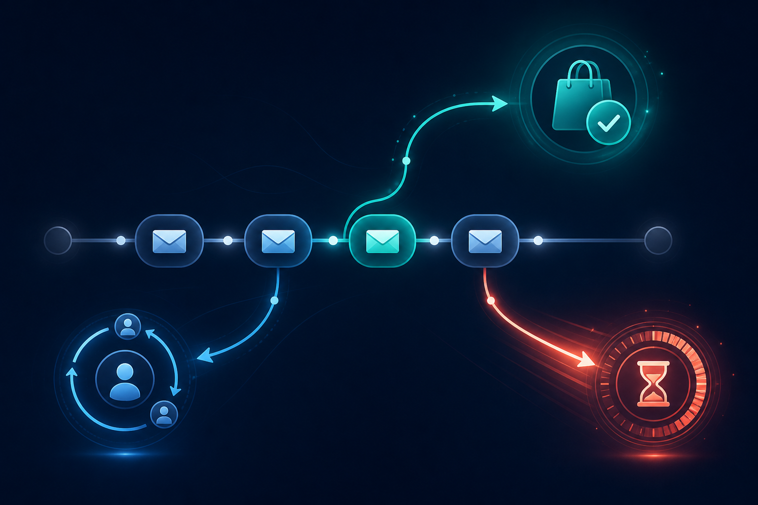 email sequence automation for affiliate product launches using behavioral triggers — A flowchart-style diagram showing a central email sequence timeline running horizontally across the middle of the fra...