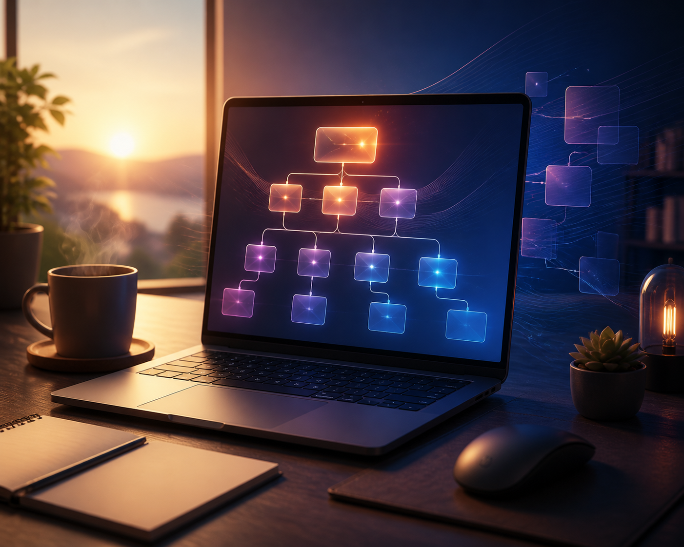 email sequence automation for affiliate product launches using behavioral triggers — A clean, forward-looking workspace scene showing a single open laptop with a simplified automation flowchart glowing ...