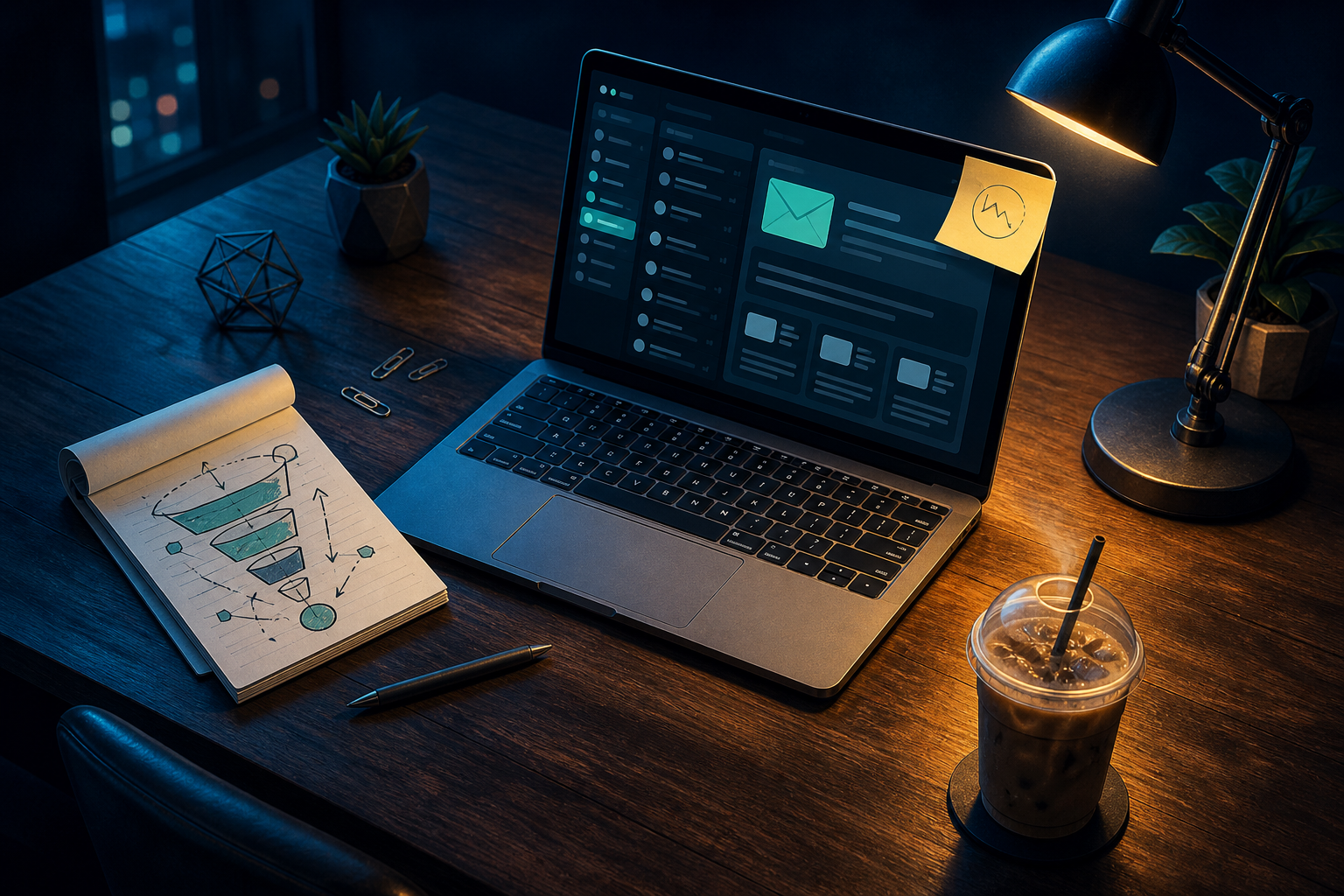 email sequence that recovered abandoned funnel leads into buyers — A wide-angle, slightly overhead shot of a wooden desk with a laptop showing a dark email dashboard, a cold cup of cof...