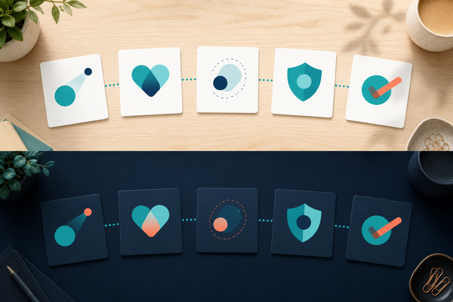 email sequence that recovered abandoned funnel leads into buyers — A clean, bird's-eye-view flat lay showing five index cards arranged in a horizontal arc on a light wooden surface, ea...