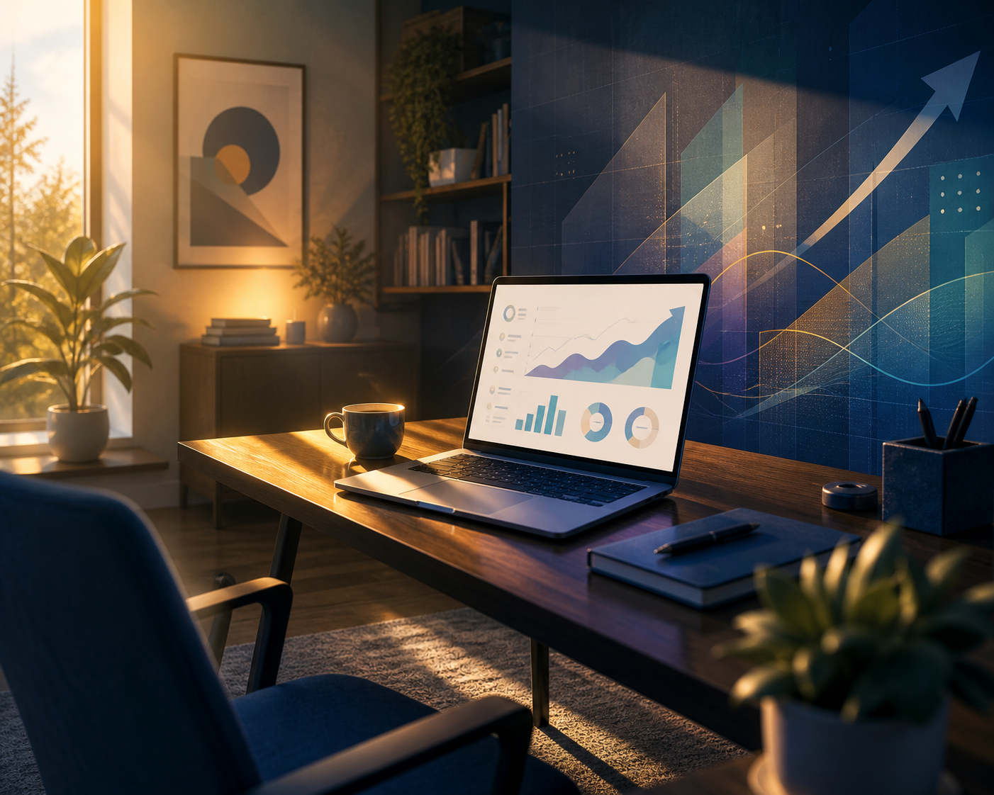 email sequence that recovered abandoned funnel leads into buyers — A wide, slightly elevated shot of a calm, organized home office desk at golden hour, with a laptop showing a clean em...