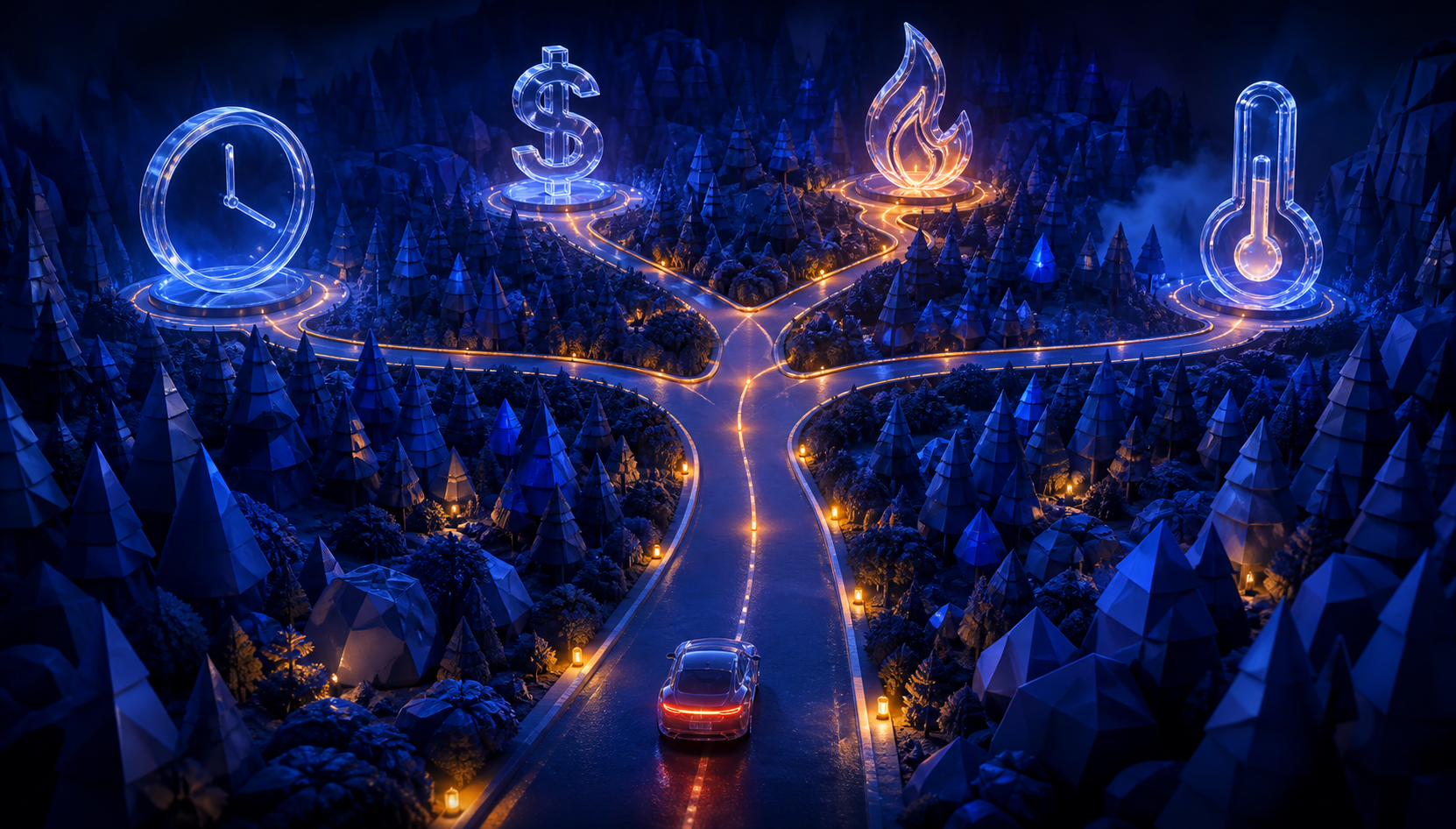 email sequence length for digital product affiliate promotions — A wide-shot visual of a winding road splitting into multiple diverging paths through a dense forest, each path labele...