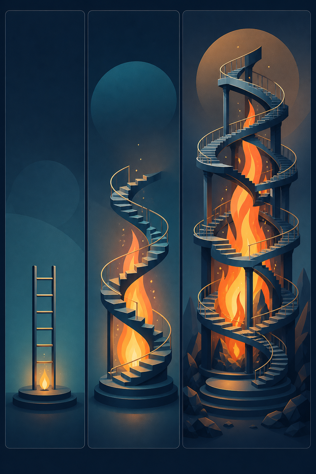 email sequence length for digital product affiliate promotions — A three-panel vertical comparison diagram rendered as a clean infographic scene: the left panel shows a small spark r...
