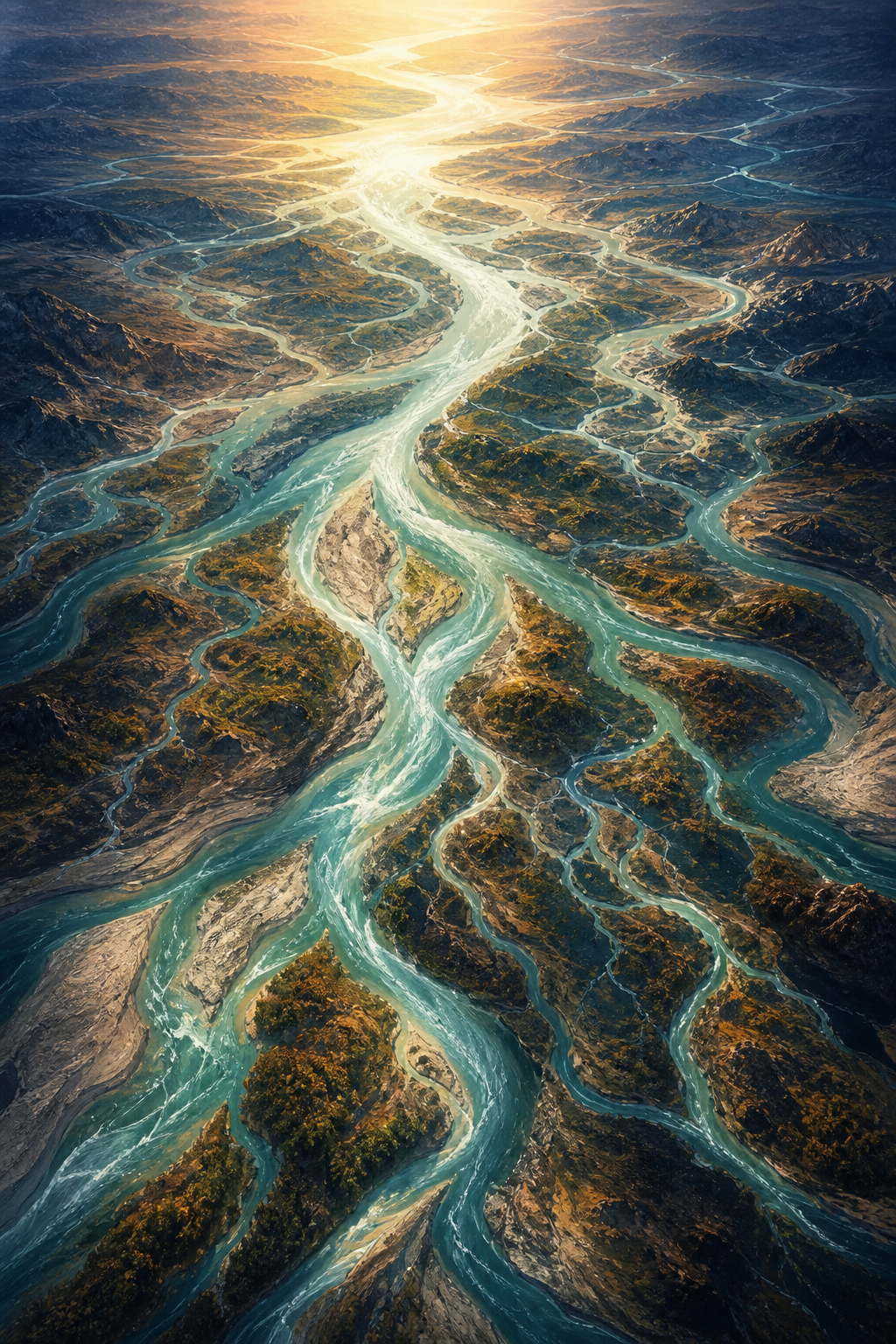 email sequence length for digital product affiliate promotions — A bird's-eye view of a complex branching river system flowing from a single wide source at the top into multiple dist...