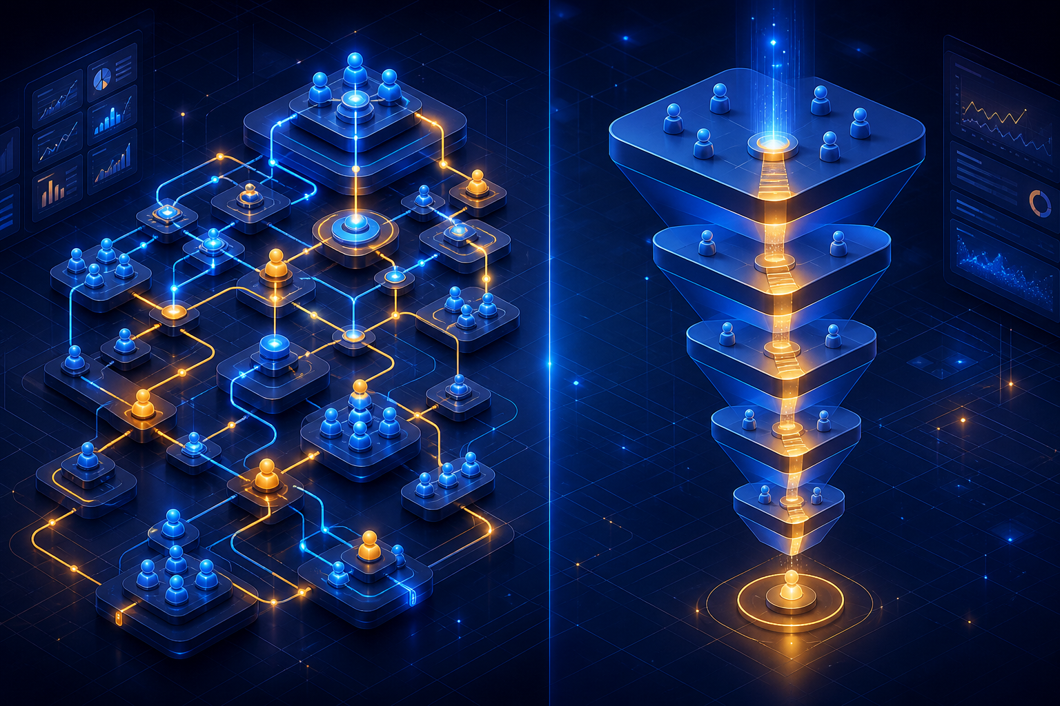 GoHighLevel vs ClickFunnels for affiliate funnel automation in 2026 — A split-screen visual showing two distinct funnel architectures side by side — on the left, a complex web of intercon...