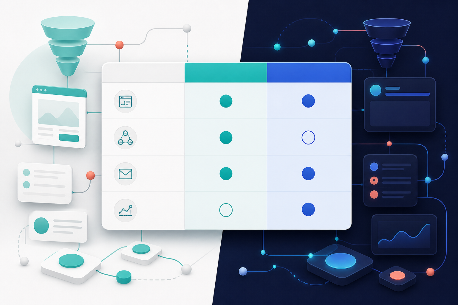 GoHighLevel vs ClickFunnels for affiliate funnel automation in 2026 — A detailed comparison grid rendered as a visual matrix — rows representing different funnel capabilities like page bu...