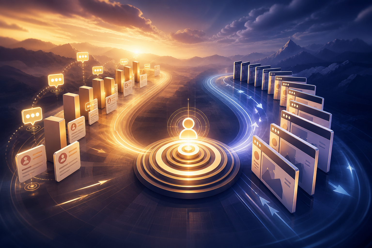 GoHighLevel vs ClickFunnels for affiliate funnel automation in 2026 — A wide-angle aerial view of two distinct workflow paths converging at a central decision point — one path lined with ...
