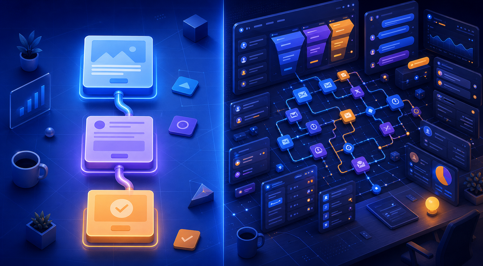 ClickFunnels vs GoHighLevel for affiliate funnel builders — A dramatic split-screen composition showing two distinct workspaces side by side—on the left, a clean, minimal funnel...