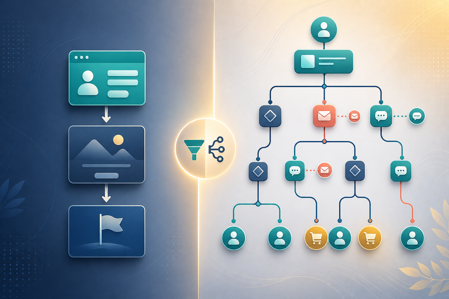 ClickFunnels vs GoHighLevel for affiliate funnel builders — A wide-angle process diagram showing two parallel funnel flows side by side—the left flow shows a simple three-step o...