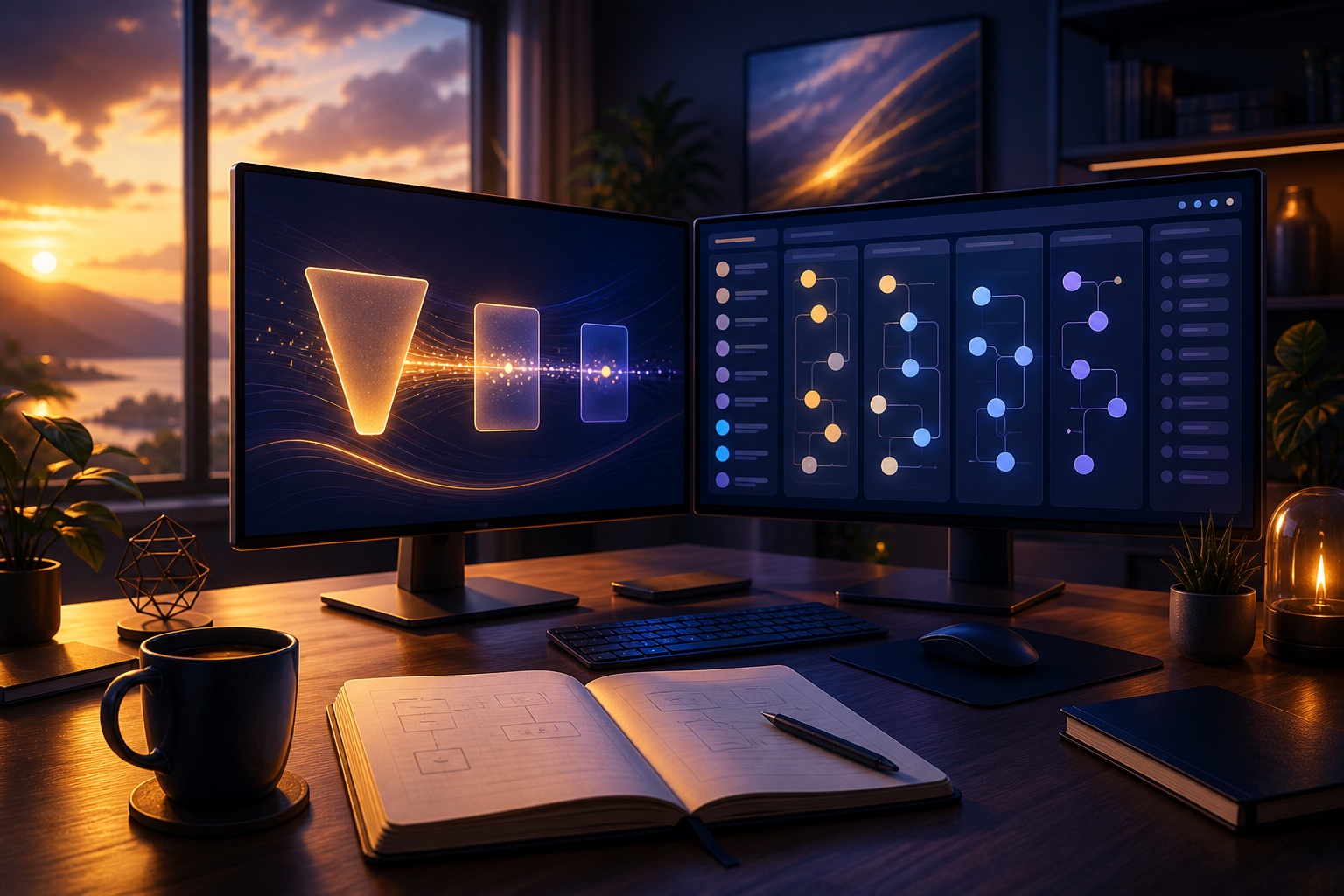 ClickFunnels vs GoHighLevel for affiliate funnel builders — A wide establishing shot of a modern affiliate marketer's dual-monitor workspace—one screen displaying a clean funnel...